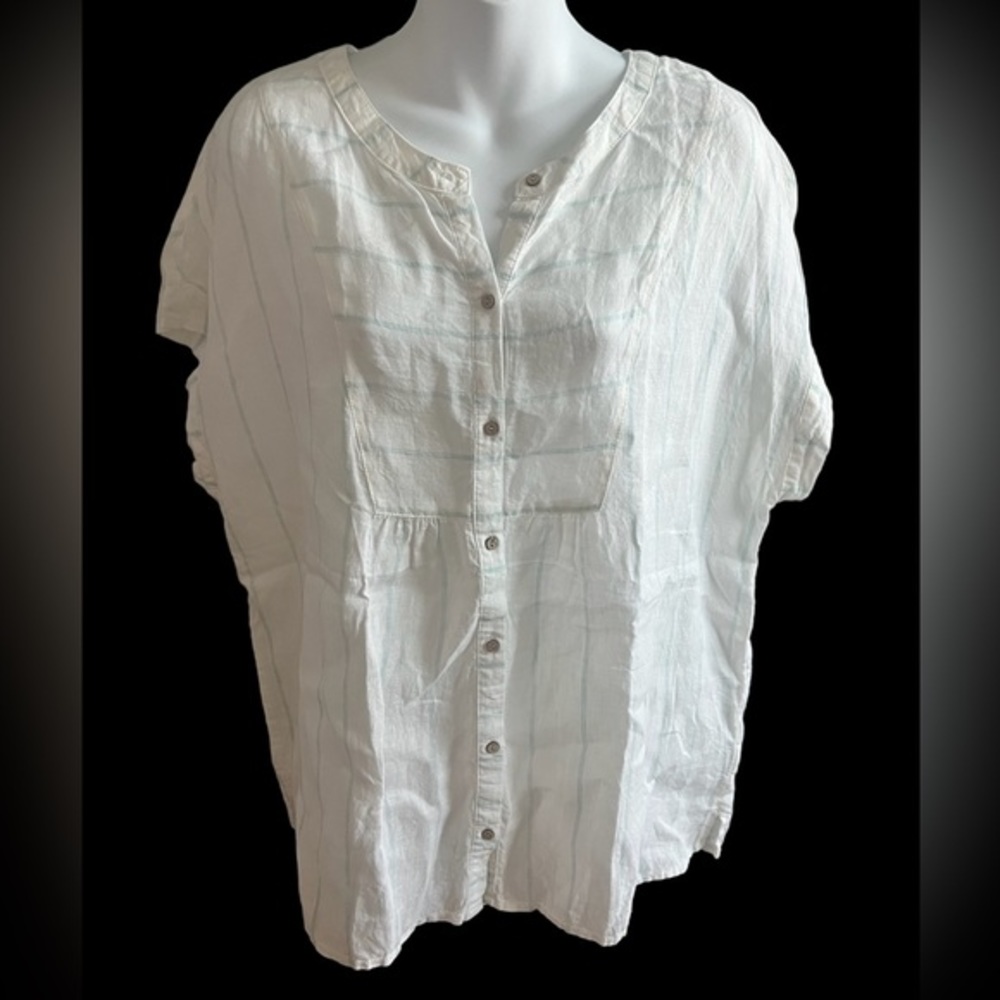 Christian Siriano White linen light blue striped short sleeve button blouseโ L
